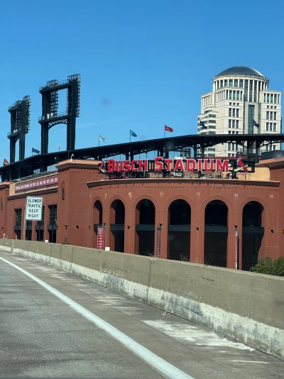 Busch Stadium, home of the St. Louis Cardinals professional baseball team, viewed from the driver's seat on Interstate 70 westbound.