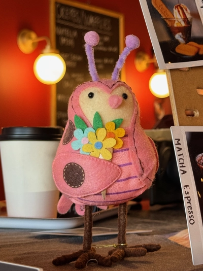 A fabric bird is on display in a local coffee shop in Clive, Iowa. It was crafted from various cutout fabric shapes: it is pink and a bit chubby, with long brown legs and purple antennae. It is also holding a bouquet of blue and yellow fabric flowers.