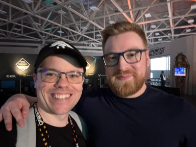 Mike Tarpey takes a selfie with James 'Kaelaris' Carrol, long-time StarCraft II commentator and host.